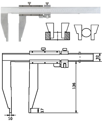 Messschieber Form E 1000 mm / 140 mm Messschenkel, Nonius 0,05