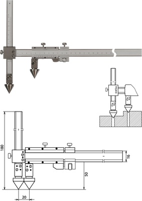 Nonius Messschieber für die Abstandsmessung, Mittelpunkt-Mittelpunkt 200 mm